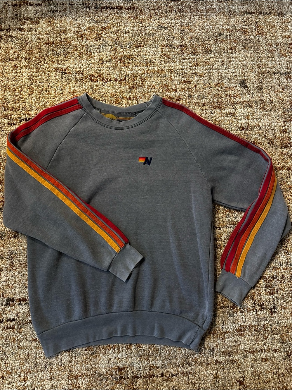 Rare Aviator Nation Gray Crewneck Sweatshirt with Red & Yellow Stripe Sleeves